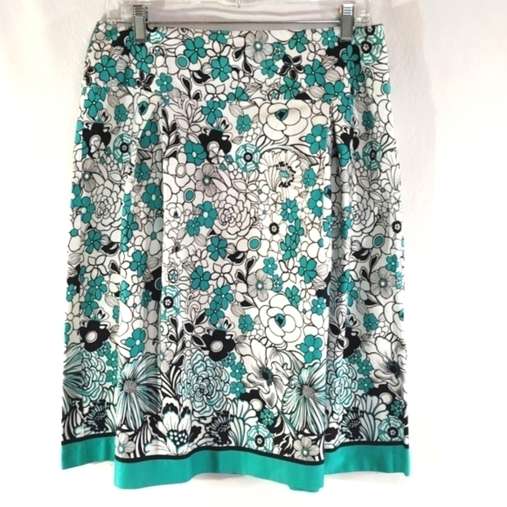 Studio One Teal White Black Floral Full Skirt w/ Side Zipper Sze 12 - Picture 2 of 7